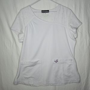 Mariposa Ladies White Scrub Top Uniform With Butterfly Accents Size Medium